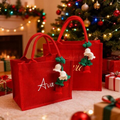 Custom gift bag & Charm, Holiday Gift Bags with Name, Christmas Eve Gift Bags, Xmas Holiday Presents,Christmas Holiday Party Bags