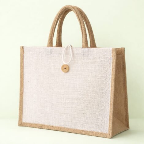 off white and brown jute bag with wood button