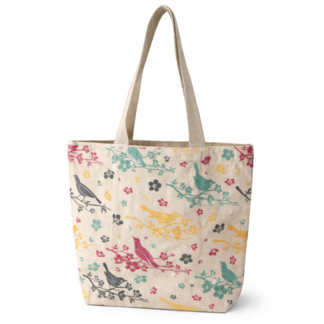 Block printed natural leaf birds zipper canvas tote