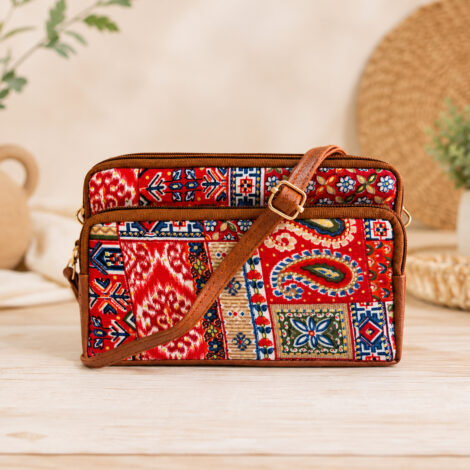 Blue, Brown Women Sling Bag Faux leather & trendy Printed Fabric
